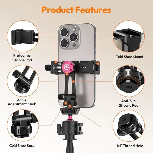Alt view image 2 of 6 - Deuninker MA61 Metal Phone Tripod Mount with Cold Shoe, 360° Adjustable Hot Shoe Camera Phone Mount for iPhone 17 16 15 14 Pro Max, Samsung, Aluminum Alloy Clamp for Vlogging, Live Streaming, Video