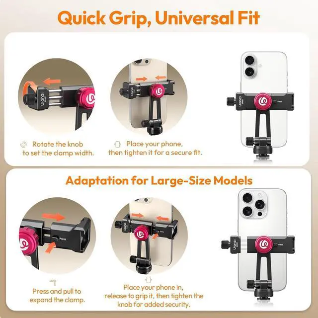 Alt view image 3 of 6 - Deuninker MA61 Metal Phone Tripod Mount with Cold Shoe, 360° Adjustable Hot Shoe Camera Phone Mount for iPhone 17 16 15 14 Pro Max, Samsung, Aluminum Alloy Clamp for Vlogging, Live Streaming, Video