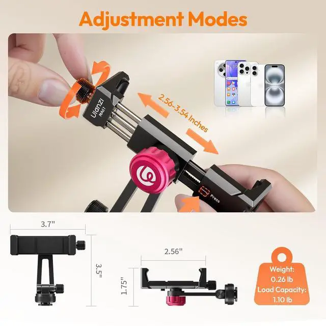 Alt view image 4 of 6 - Deuninker MA61 Metal Phone Tripod Mount with Cold Shoe, 360° Adjustable Hot Shoe Camera Phone Mount for iPhone 17 16 15 14 Pro Max, Samsung, Aluminum Alloy Clamp for Vlogging, Live Streaming, Video