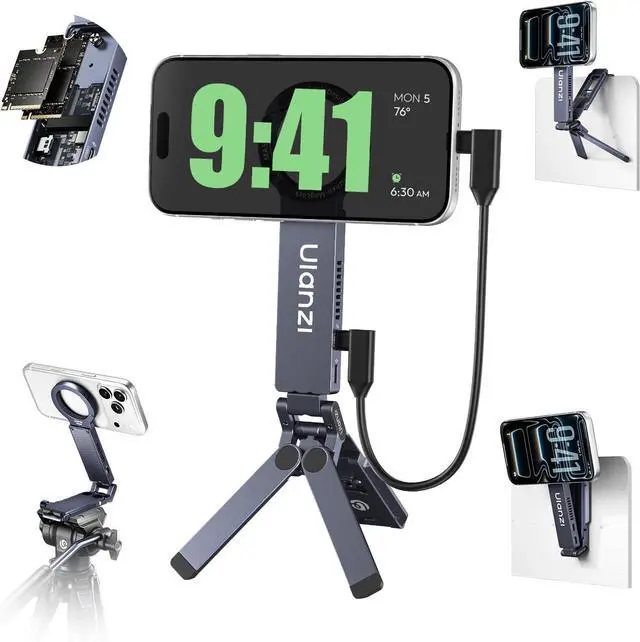 Main image of Deuninker MA58 Magnetic Phone Tripod for iPhone with Hard Drive Enclosure, 360° Rotation, Uka Arca-Swiss Mount, 1/4" Mount, Fits SSD 2230/2242, Foldable Hook&52N Strong Magnet for iPhone 12-17 Pro Max