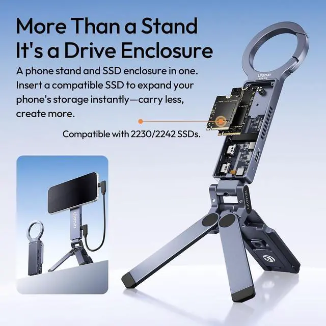 Alt view image 3 of 7 - Deuninker MA58 Magnetic Phone Tripod for iPhone with Hard Drive Enclosure, 360° Rotation, Uka Arca-Swiss Mount, 1/4" Mount, Fits SSD 2230/2242, Foldable Hook&52N Strong Magnet for iPhone 12-17 Pro Max