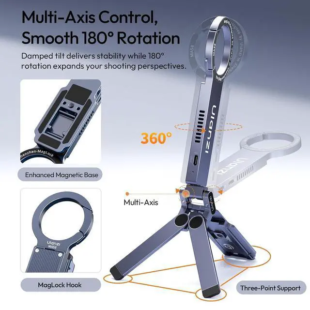 Alt view image 6 of 7 - Deuninker MA58 Magnetic Phone Tripod for iPhone with Hard Drive Enclosure, 360° Rotation, Uka Arca-Swiss Mount, 1/4" Mount, Fits SSD 2230/2242, Foldable Hook&52N Strong Magnet for iPhone 12-17 Pro Max