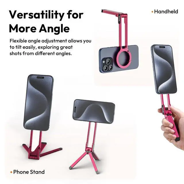 Alt view image 3 of 7 - Deuninker MA30 Magnetic Phone Tripod Stand for iPhone - Aluminium Maglock Smartphone Mini Tripod Pocket Cell Phone Stand Strong Magnet Quick Mount Compatible with iPhone 17 16 15 14 13 12 Series, Red