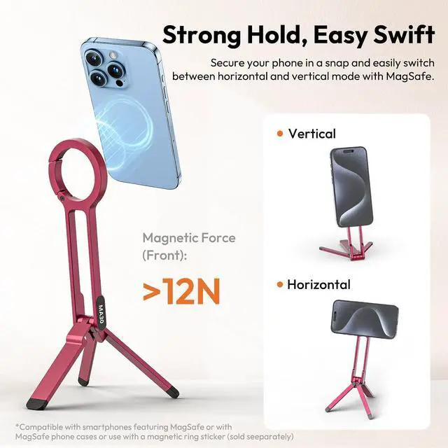 Alt view image 4 of 7 - Deuninker MA30 Magnetic Phone Tripod Stand for iPhone - Aluminium Maglock Smartphone Mini Tripod Pocket Cell Phone Stand Strong Magnet Quick Mount Compatible with iPhone 17 16 15 14 13 12 Series, Red