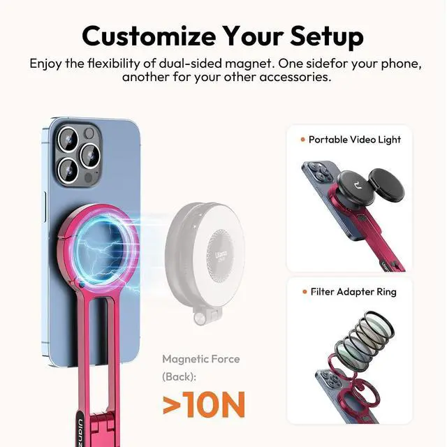 Alt view image 6 of 7 - Deuninker MA30 Magnetic Phone Tripod Stand for iPhone - Aluminium Maglock Smartphone Mini Tripod Pocket Cell Phone Stand Strong Magnet Quick Mount Compatible with iPhone 17 16 15 14 13 12 Series, Red