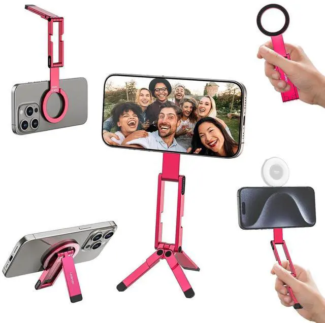 Main image of Deuninker MA60 Magnetic Phone Tripod Stand for iPhone 17 16 15 14 13 12 - Ultra Thin 0.8cm Foldable Aluminum Mini Tripod, Strong N52 Magnet Quick Mount, Pocket Cell Phone Stand, Red