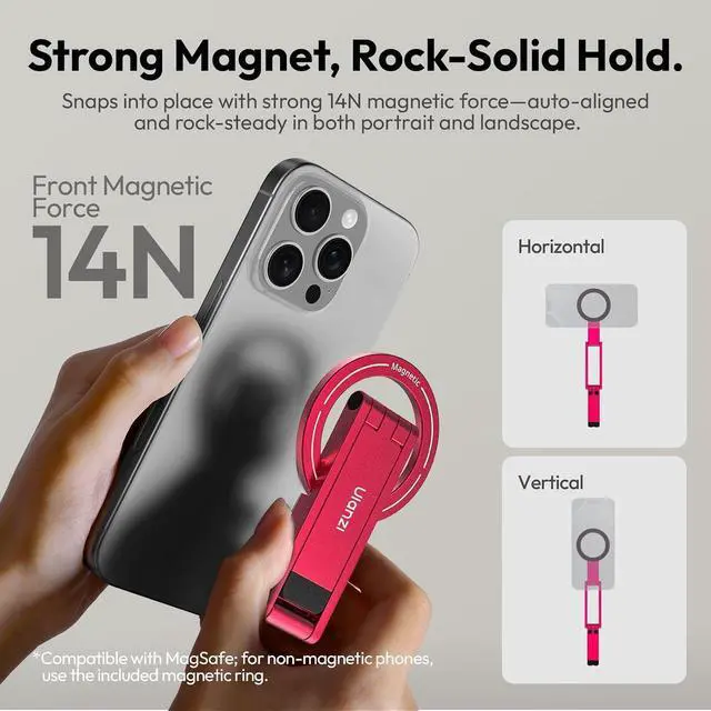 Alt view image 4 of 7 - Deuninker MA60 Magnetic Phone Tripod Stand for iPhone 17 16 15 14 13 12 - Ultra Thin 0.8cm Foldable Aluminum Mini Tripod, Strong N52 Magnet Quick Mount, Pocket Cell Phone Stand, Red