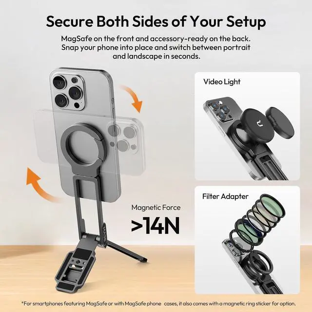 Alt view image 3 of 7 - Deuninker MA38 Magnetic Phone Tripod for iPhone 17/16/15-52N Strong Magnet Foldable Hook for Magsafe Phone Tripod, Portable Mini Phone Stand for Desk w Arca Uka Mount & Back Magnetic for Vlog/Travel