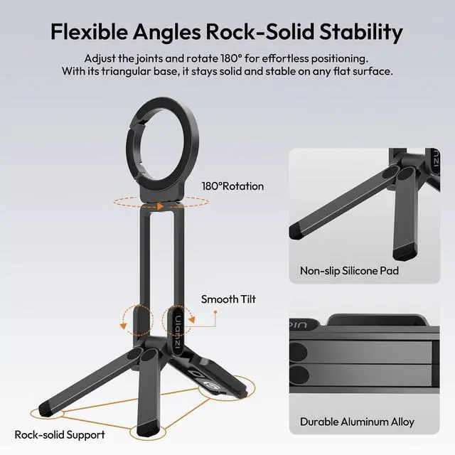 Alt view image 6 of 7 - Deuninker MA38 Magnetic Phone Tripod for iPhone 17/16/15-52N Strong Magnet Foldable Hook for Magsafe Phone Tripod, Portable Mini Phone Stand for Desk w Arca Uka Mount & Back Magnetic for Vlog/Travel