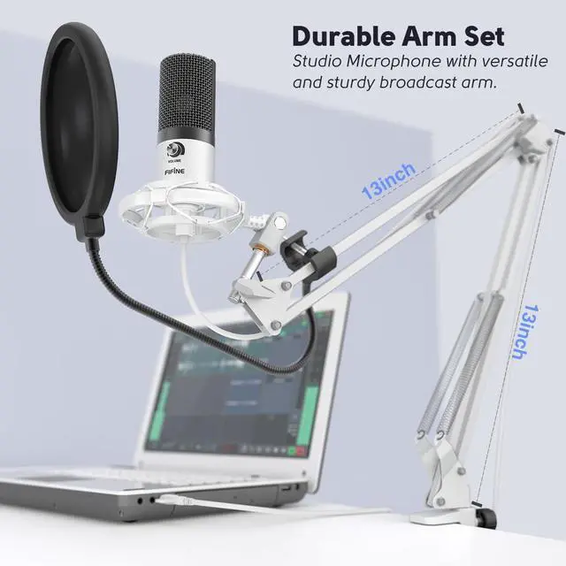 Alt view image 3 of 5 - Deuninker USB Recording Microphone Kit, Studio Condenser Microphone for Vocals Music Creation, Voice-Over, Singing with Metal Boom Arm, 16mm Diaphragm, Podcast Mic Set-T669 White