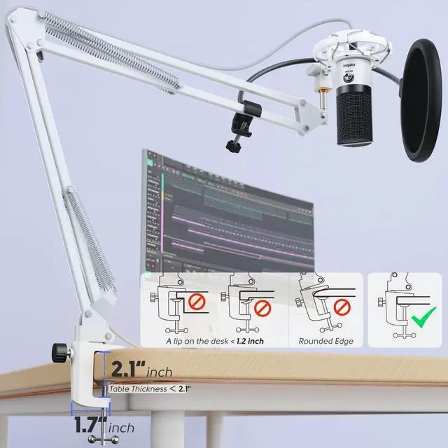 Alt view image 2 of 5 - Deuninker USB Recording Microphone Kit, Studio Condenser Microphone for Vocals Music Creation, Voice-Over, Singing with Metal Boom Arm, 16mm Diaphragm, Podcast Mic Set-T669 White