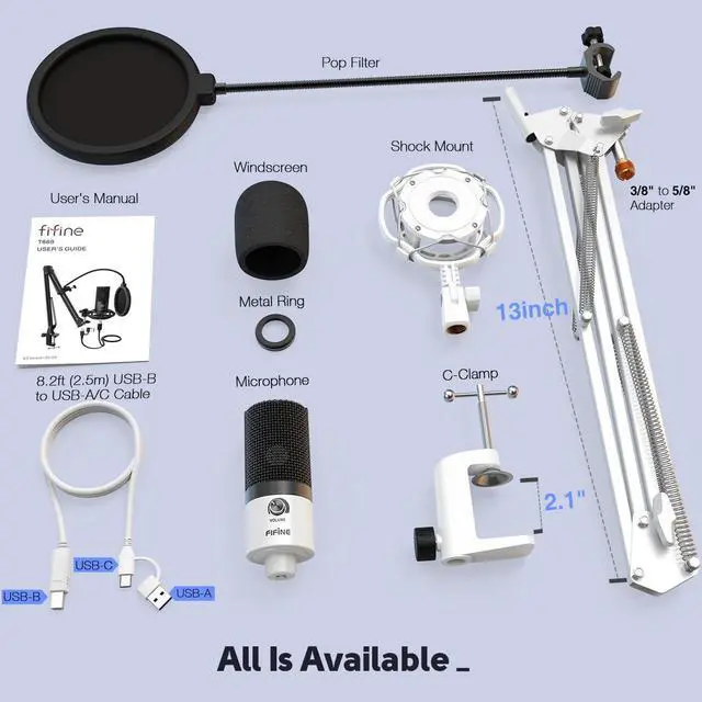 Alt view image 4 of 5 - Deuninker USB Recording Microphone Kit, Studio Condenser Microphone for Vocals Music Creation, Voice-Over, Singing with Metal Boom Arm, 16mm Diaphragm, Podcast Mic Set-T669 White