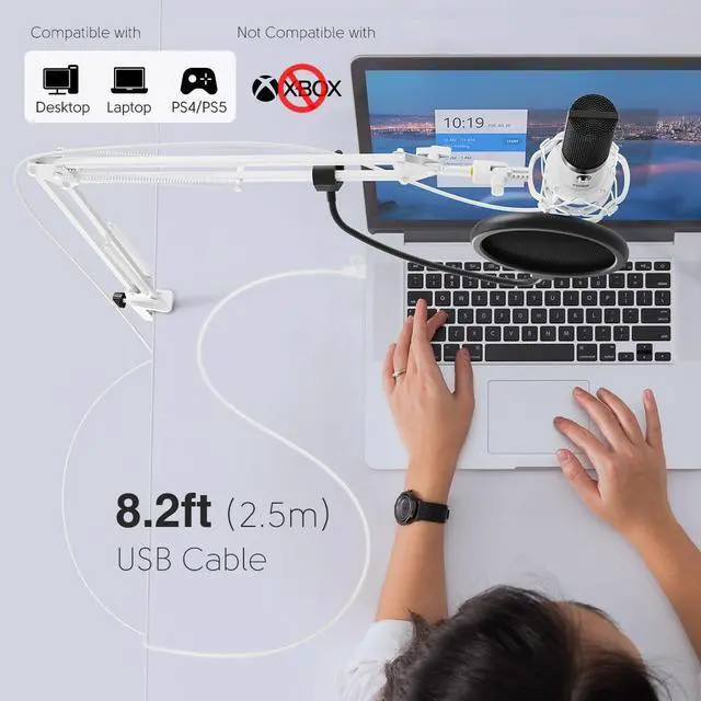 Alt view image 5 of 5 - Deuninker USB Recording Microphone Kit, Studio Condenser Microphone for Vocals Music Creation, Voice-Over, Singing with Metal Boom Arm, 16mm Diaphragm, Podcast Mic Set-T669 White