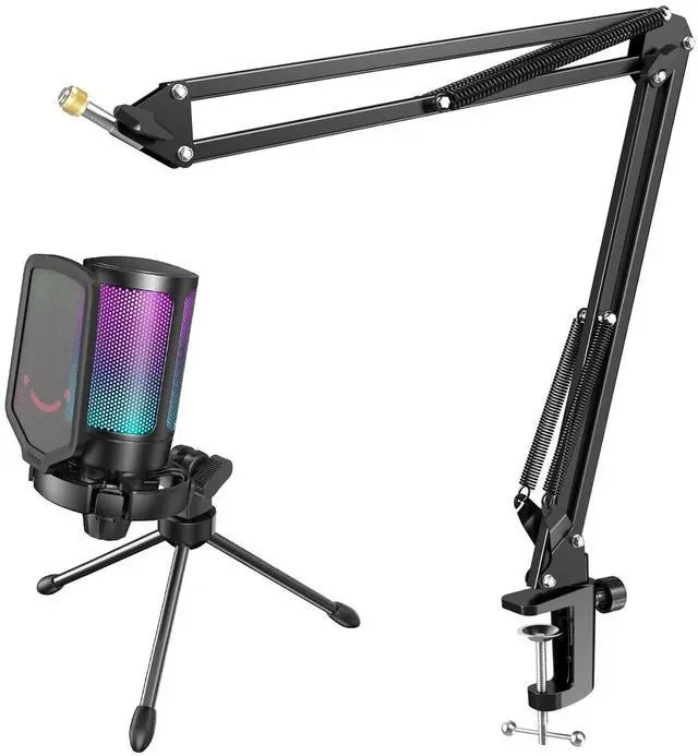 Main image of Deuninker Gaming USB Microphone Bundle with Mic Boom Arm, Condenser Mic with Quick Mute, RGB Light for Streaming, Suspension Scissor Arm Stand Kit for Recording Voice-Over Studio (A6V+CS1)