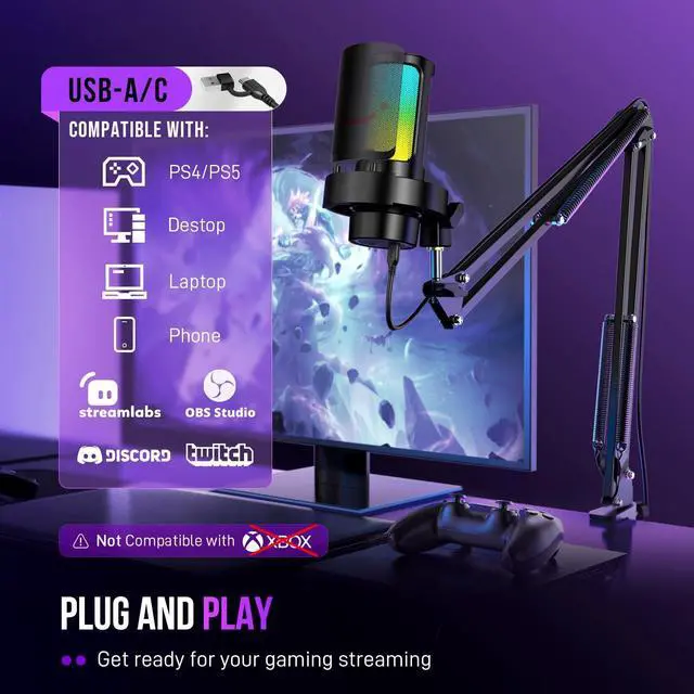 Alt view image 5 of 7 - Deuninker USB Gaming Microphone Kit, PC Streaming Mic with RGB Lights, Mute, Gain Knob, Metal Boom Arm for Recording Podcast, Condenser Computer Microphone Set Compatible with PS4/PS5-AmpliGame A8T
