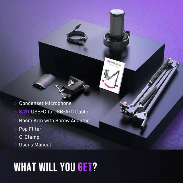Alt view image 7 of 7 - Deuninker USB Gaming Microphone Kit, PC Streaming Mic with RGB Lights, Mute, Gain Knob, Metal Boom Arm for Recording Podcast, Condenser Computer Microphone Set Compatible with PS4/PS5-AmpliGame A8T