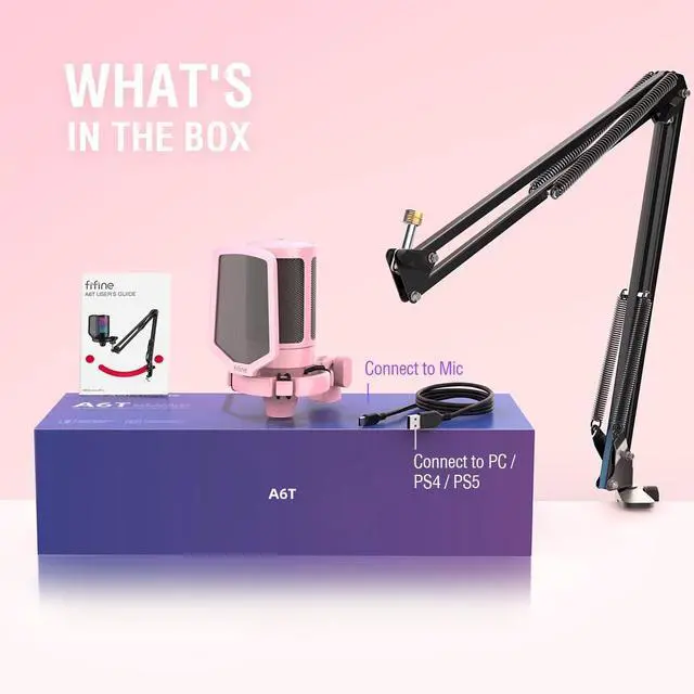 Alt view image 7 of 7 - Deuninker Gaming USB Microphone Kit, PC Streaming Recording Computer RGB Microphone Set for Podcasting, Singing, YouTube, Condenser Cardioid Mic with Quick Mute, Gain Knob-A6T Pink