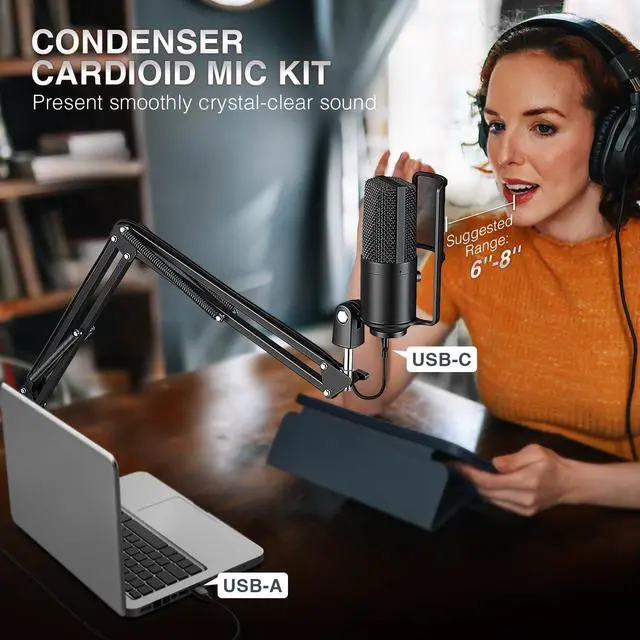 Alt view image 7 of 7 - Deuninker USB Podcast Microphone, PC Computer Condenser Microphone Plug & Play Mic Kit with Boom Arm Stand, 16MM Large Diaphragm, Mute Button for Recording Singing Streaming YouTube Gaming-T669PRO1
