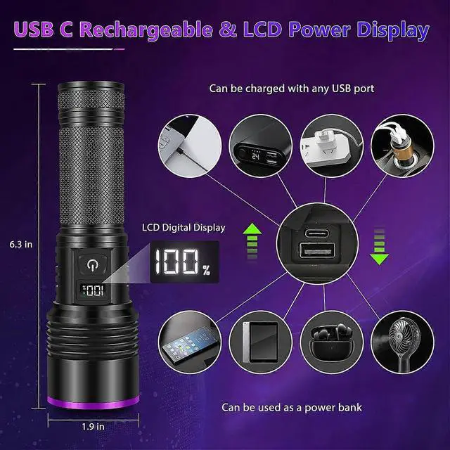 Alt view image 2 of 5 - Ecocleanpath Rechargeable 365nm UV Flashlight with LCD Display, 30W Black Light for Pet Urine & Scorpion Detection