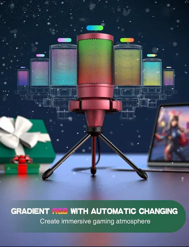 Alt view image 4 of 6 - Deuninker AmpliGame PC Gaming Streaming USB Microphone, RGB Desktop Microphone for Computer/Mac/PS4/PS5, Podcast, Recording, TikTok, Game Chat, Condenser Mic with Pop Filter, Shock Mount - Red