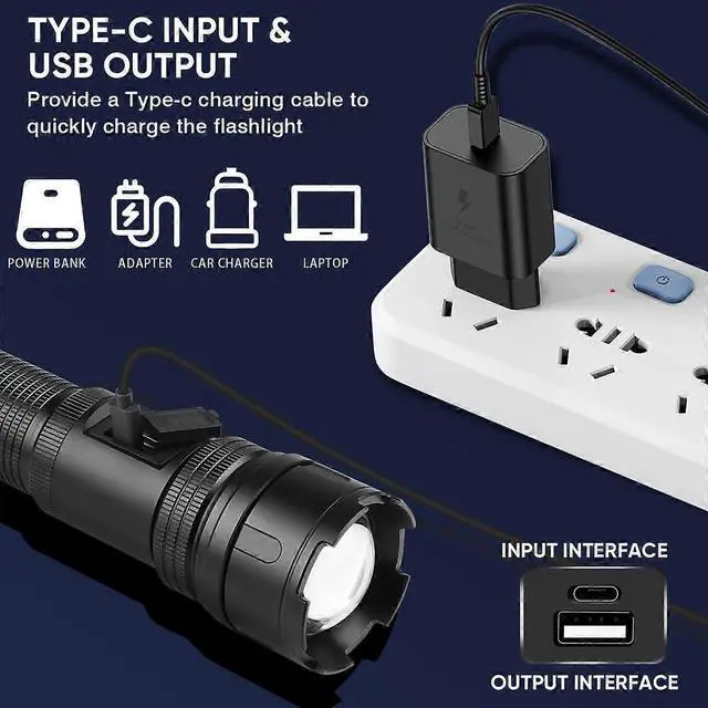 Alt view image 2 of 5 - Deuninker 250,000 Lumen LED Flashlight with COB Light, USB-C Rechargeable, IP65 Waterproof for Outdoor Camping & Emergencies