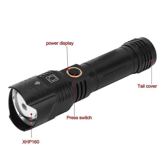 Alt view image 2 of 5 - Deuninker Camping Flashlight XHP160 - Ultra Bright 5 Modes, IPX4 Waterproof & Zoom, Black
