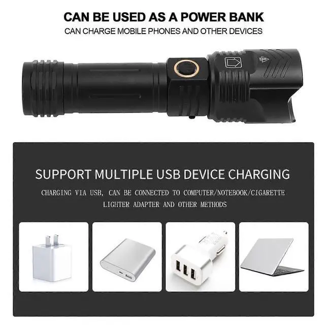 Alt view image 4 of 5 - Deuninker Camping Flashlight XHP160 - Ultra Bright 5 Modes, IPX4 Waterproof & Zoom, Black