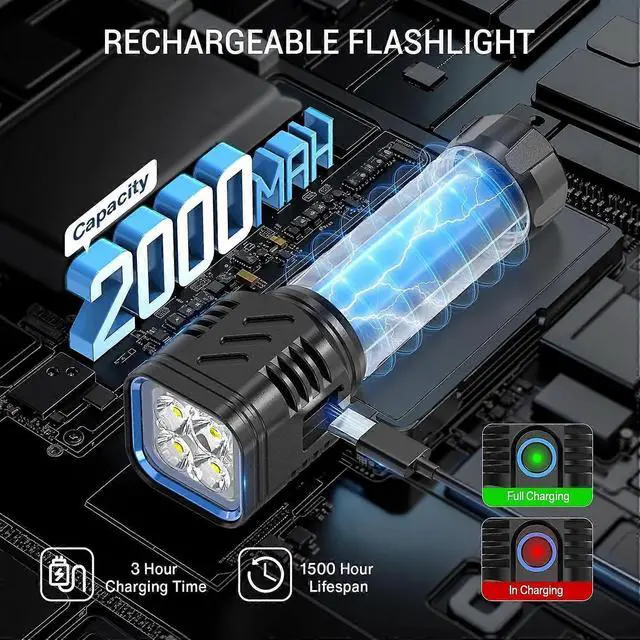 Alt view image 3 of 5 - Deuninker Super Bright 4-LED Rechargeable Flashlight, IP65 Waterproof Tactical Light (Black)