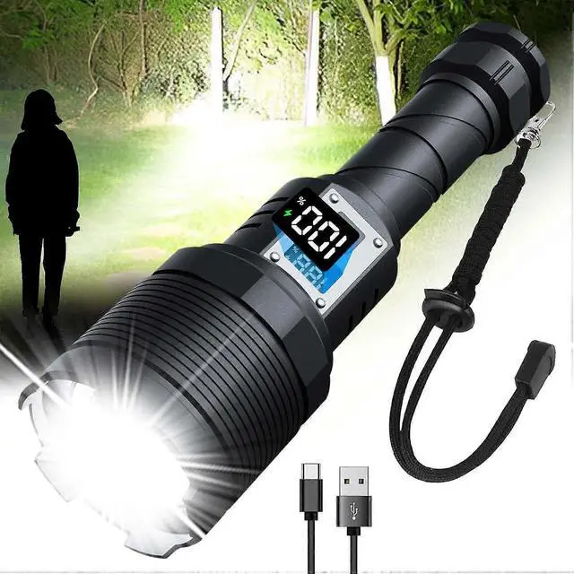Main image of Deuninker 200,000 Lumens Rechargeable LED Flashlight, Zoomable & Waterproof Tactical Light (Black)
