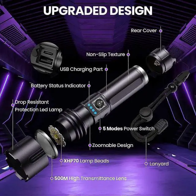 Alt view image 4 of 5 - Deuninker 1500 Lumen Rechargeable Tactical Flashlight, XHP70.2 LED, Magnetic Wristband, IPX6 Waterproof for Camping & Emergencies