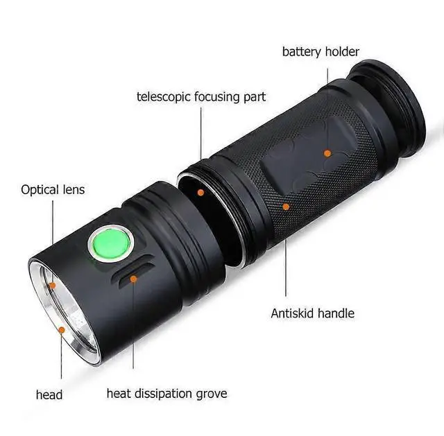 Alt view image 3 of 5 - Deuninker Ultra Light Waterproof LED Flashlight, 3 Modes & Lanyard, Rechargeable Mini Torch (Black)