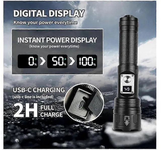 Alt view image 3 of 5 - Ecocleanpath 1500 Lumens USB-C Rechargeable Flashlight with Digital Display, Zoomable & Waterproof, Black