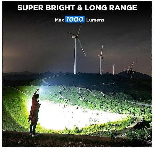 Alt view image 2 of 5 - Deuninker 1000 Lumen Rechargeable LED Flashlight, 7 Modes USB Fast Charging, Waterproof Aluminum Flashlight (Black)