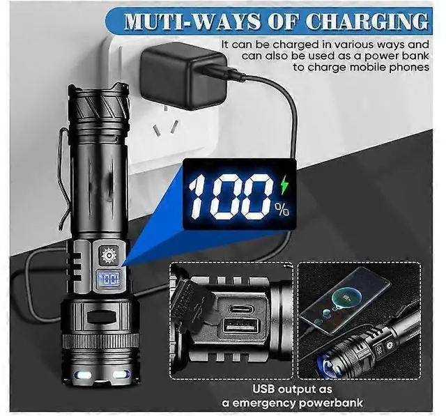 Alt view image 5 of 5 - Deuninker 1000000 Lumen Rechargeable LED Flashlight, Super Bright with LCD Display & USB-C Charging, IP65 Waterproof Tactical Light (Black)