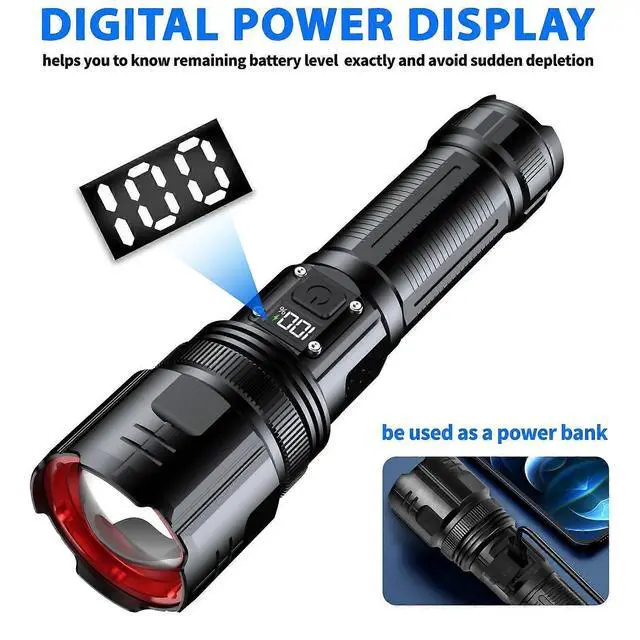 Alt view image 2 of 5 - Deuninker 200,000 Lumens Rechargeable Tactical Flashlight with Digital Display, Zoom, 5 Modes & Power Bank for Camping/Emergencies