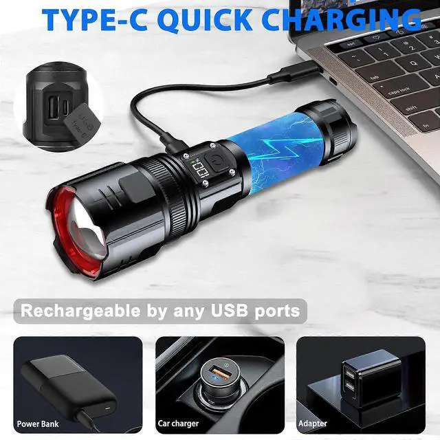 Alt view image 3 of 5 - Deuninker 200,000 Lumens Rechargeable Tactical Flashlight with Digital Display, Zoom, 5 Modes & Power Bank for Camping/Emergencies