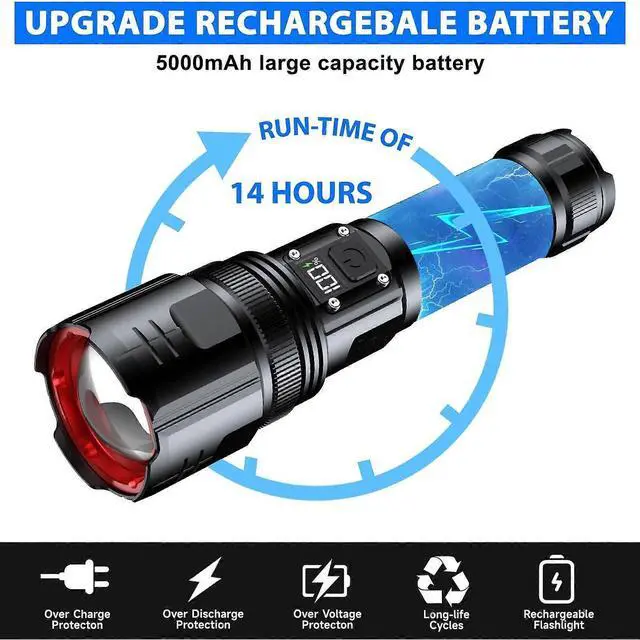 Alt view image 4 of 5 - Deuninker 200,000 Lumens Rechargeable Tactical Flashlight with Digital Display, Zoom, 5 Modes & Power Bank for Camping/Emergencies