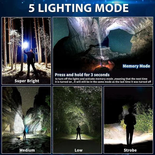 Alt view image 5 of 5 - Deuninker 200,000 Lumens Rechargeable Tactical Flashlight with Digital Display, Zoom, 5 Modes & Power Bank for Camping/Emergencies