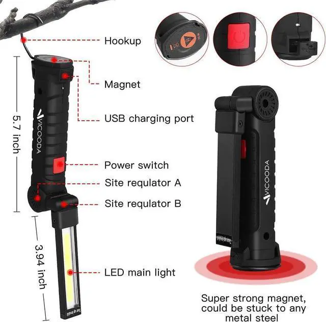 Alt view image 11 of 14 - LED Rechargeable Work Light with Magnetic Base Hanging Hook, 360° Rotate 5 Modes, Mechanic Flashlight for Car Repair, Grill, Outdoor, Emergency, Tight Spaces - Tool Gifts for Men (4 Pack)