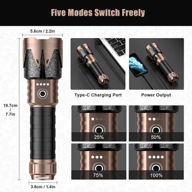 Alt view image 12 of 14 - SKYFIRE LED Flashlights High Lumens with Ignition Lens,5000 Super Bright Tactical Flashlights,Zoomable,Six Modes,Waterproof Flash Light for Camping Essentials,Outdoor,Home Emergency-Upgraded