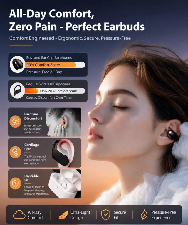 Alt view image 2 of 7 - Boytond Ultra Open Ear Earbuds - Comfort Clip On Earbuds, Wireless Bone Headphones Design for Long Listening, Fast Charging for Running, Sports, and Travel, Carbon Black