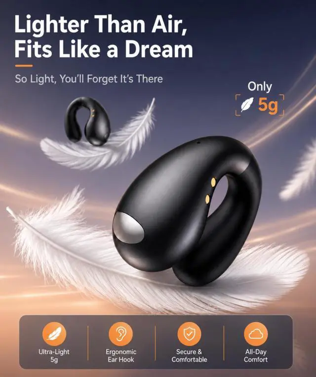 Alt view image 4 of 7 - Boytond Ultra Open Ear Earbuds - Comfort Clip On Earbuds, Wireless Bone Headphones Design for Long Listening, Fast Charging for Running, Sports, and Travel, Carbon Black