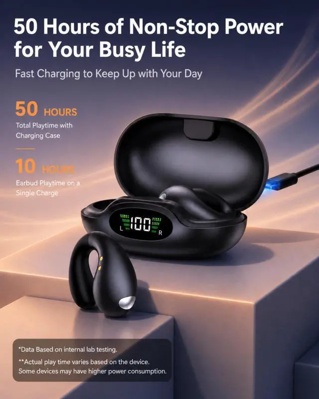 Alt view image 6 of 7 - Boytond Ultra Open Ear Earbuds - Comfort Clip On Earbuds, Wireless Bone Headphones Design for Long Listening, Fast Charging for Running, Sports, and Travel, Carbon Black