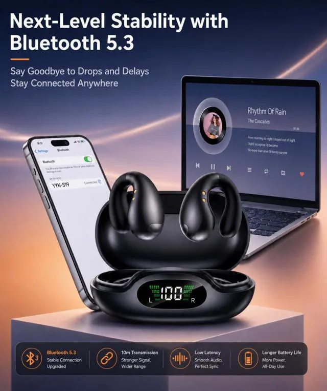Alt view image 7 of 7 - Boytond Ultra Open Ear Earbuds - Comfort Clip On Earbuds, Wireless Bone Headphones Design for Long Listening, Fast Charging for Running, Sports, and Travel, Carbon Black
