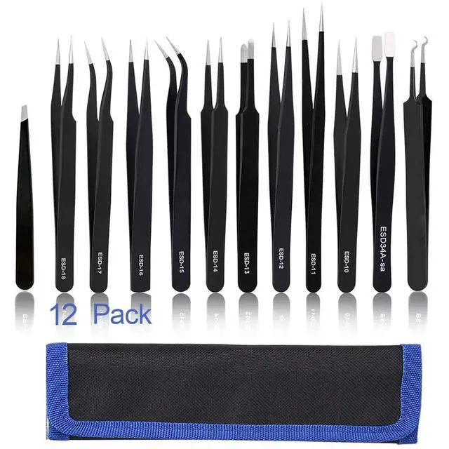 Main image of BOENFU Precision Tweezers Set 12 PCS Electronic Tweezers ESD 11, 12, 13, 15, 17 Pointed Tip Tweezers Kit for Electronics,Soldering, Craft, Jewelry, Ingrown, Eyelash