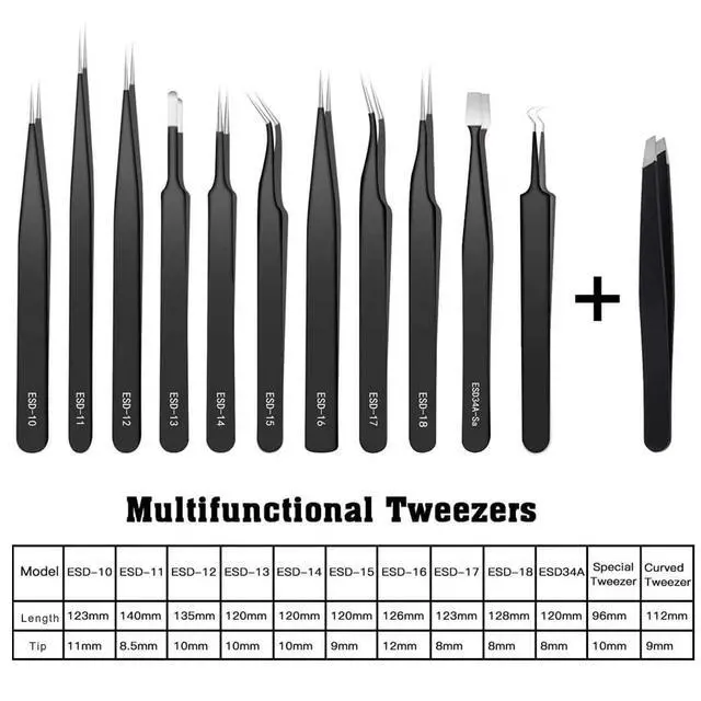 Alt view image 7 of 7 - BOENFU Precision Tweezers Set 12 PCS Electronic Tweezers ESD 11, 12, 13, 15, 17 Pointed Tip Tweezers Kit for Electronics,Soldering, Craft, Jewelry, Ingrown, Eyelash