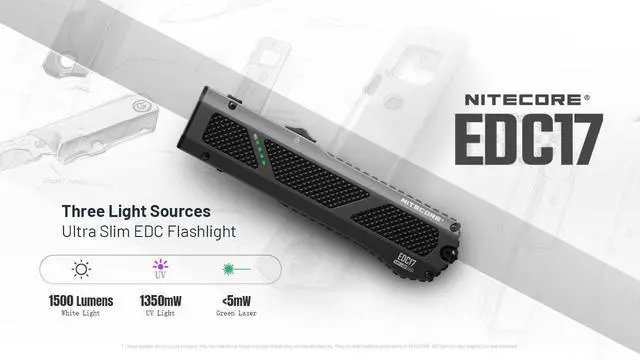 Alt view image 2 of 6 - Nitecore EDC17 1500 Lumen Rechargeable EDC Flat Flashlight with White LED, UV, and Green Laser