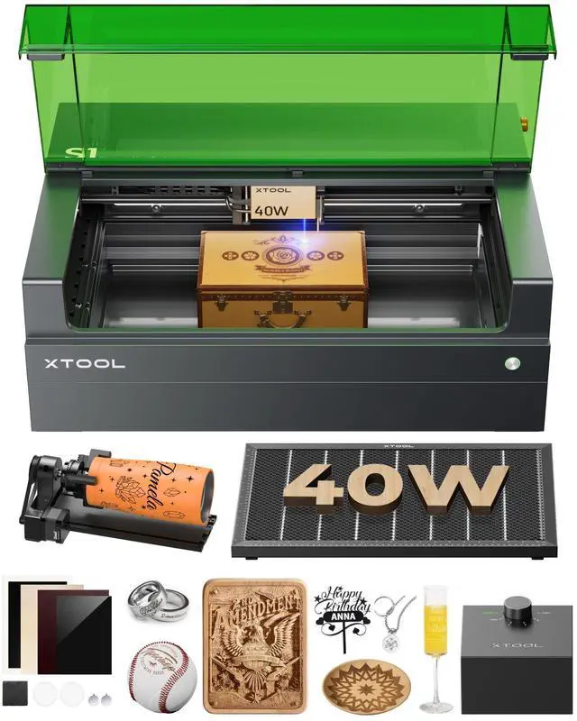 Main image of xTool S1 40W Laser Cutter and Laser Engraver for Tumblers, 23.93" x 15.16" Bed Size, 600mm/s Speed, Laser Engraving Machine, Laser Engraver for Wood and Metal, Acrylic, Big Project - Rotary Bundle