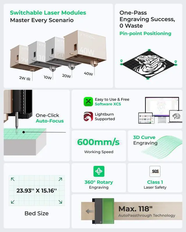 Alt view image 2 of 7 - xTool S1 40W Laser Cutter and Laser Engraver for Tumblers, 23.93" x 15.16" Bed Size, 600mm/s Speed, Laser Engraving Machine, Laser Engraver for Wood and Metal, Acrylic, Big Project - Rotary Bundle