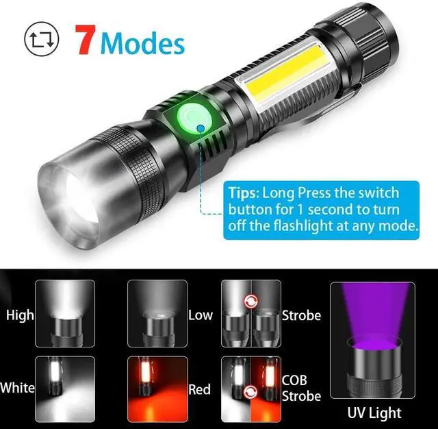 Alt view image 10 of 12 - Black Light Flashlight 3 in 1 UV Blacklight Rechargeable Flashlights Super Bright Pocket-Sized T6 LED Torch with Clip Water Resistant 7 Modes for Pet Clothing Detection/Emergency/Camping 2pack